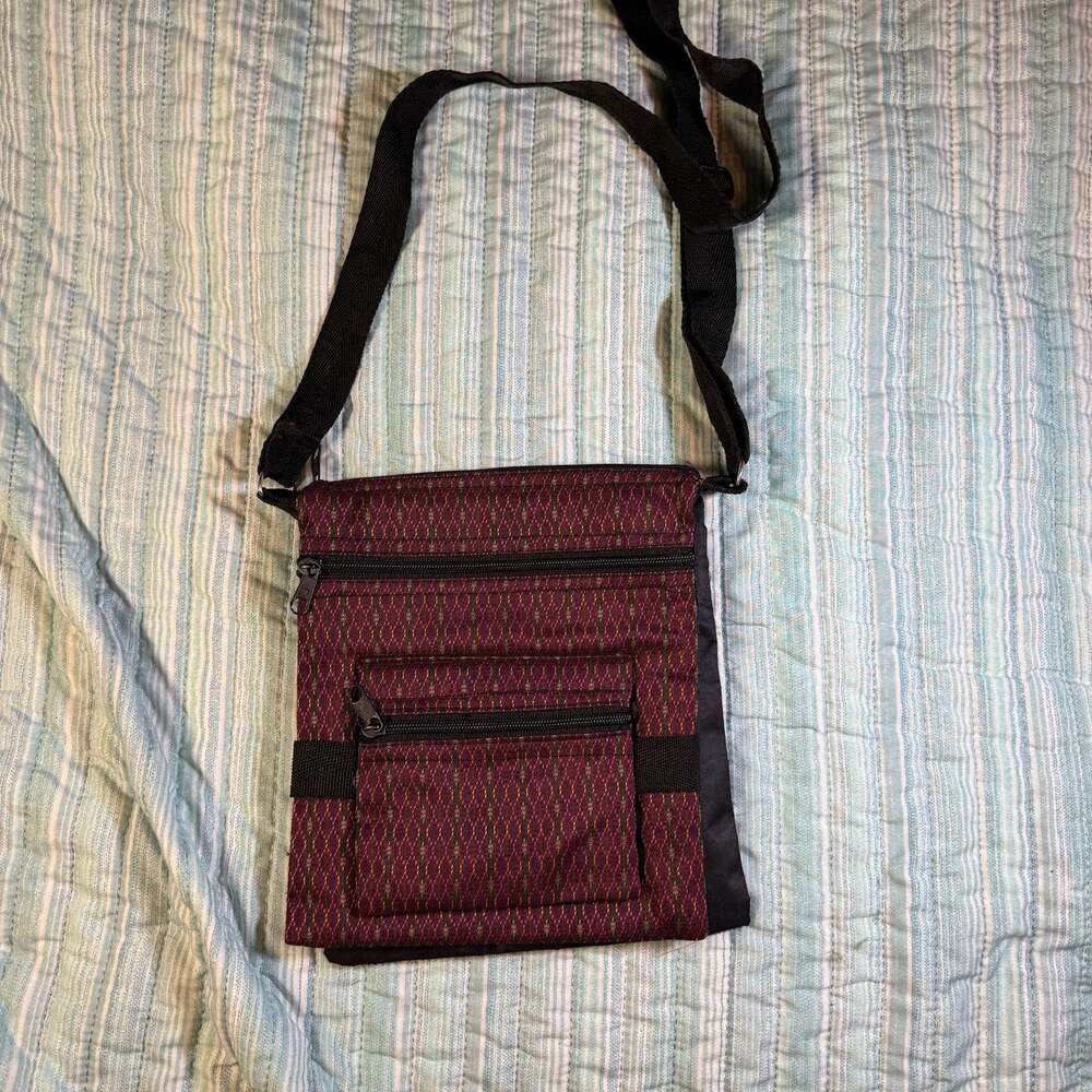Maroon Patterned Fabric Crossbody Sling Bag with Multiple Zipper Pockets